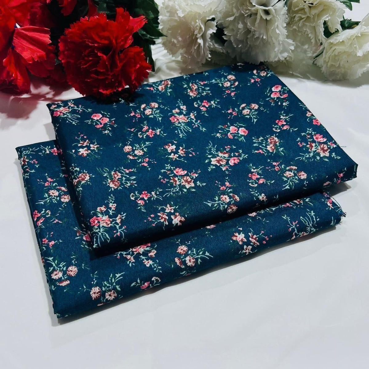 2 piece suit in blue with floral pattern