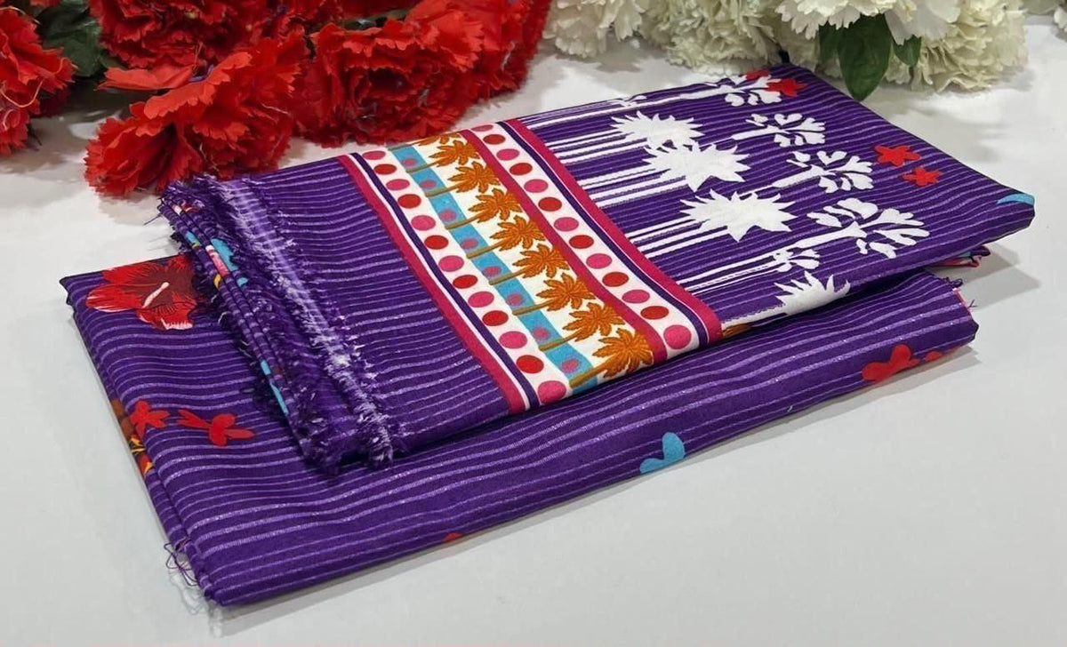 2 piece suit in Purple featuring vertical stripes, a central band with colorful floral and dot motifs
