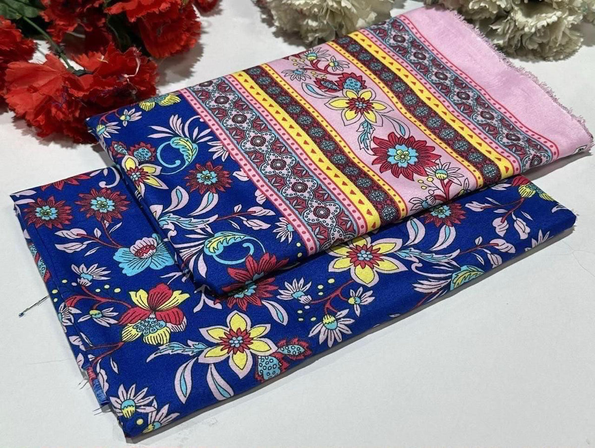 2 piece suit in blue swatches with floral patterns