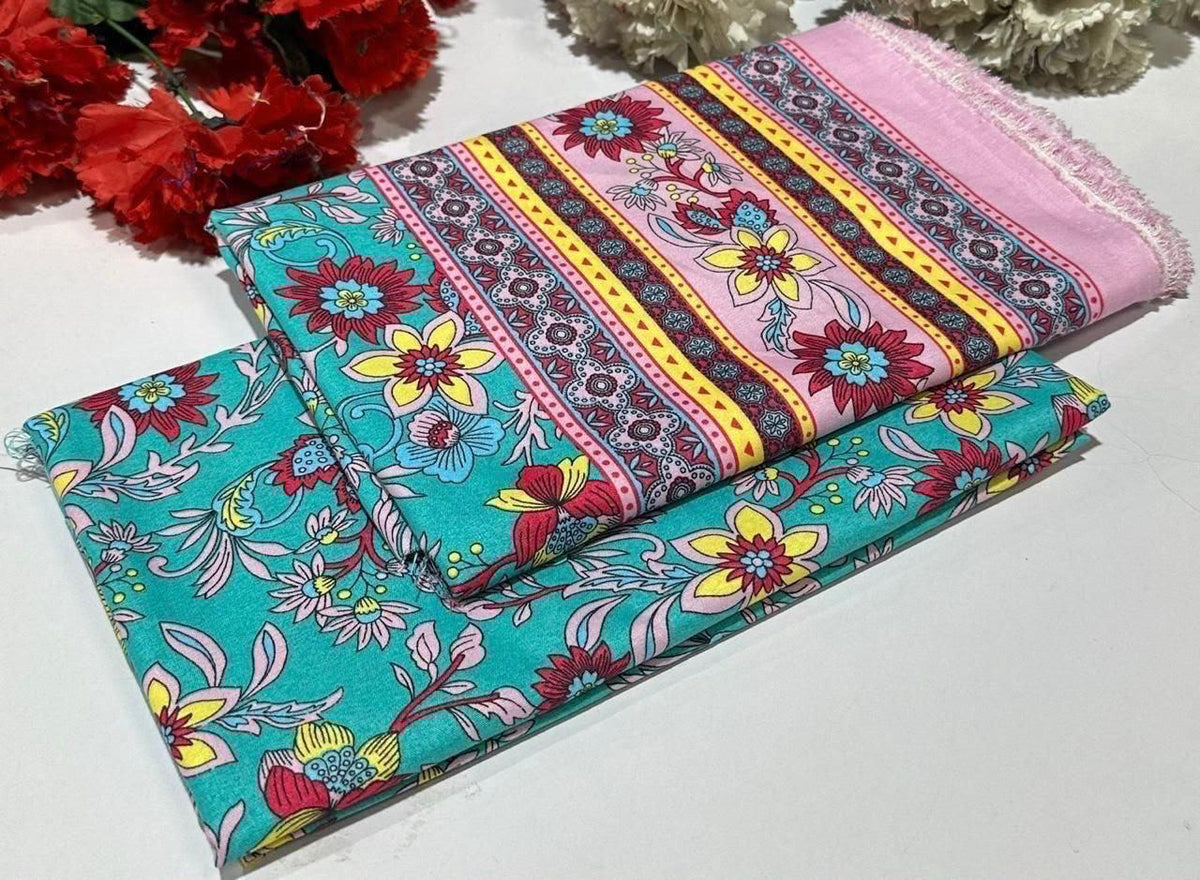2 piece suit in blue swatches with floral and striped patterns
